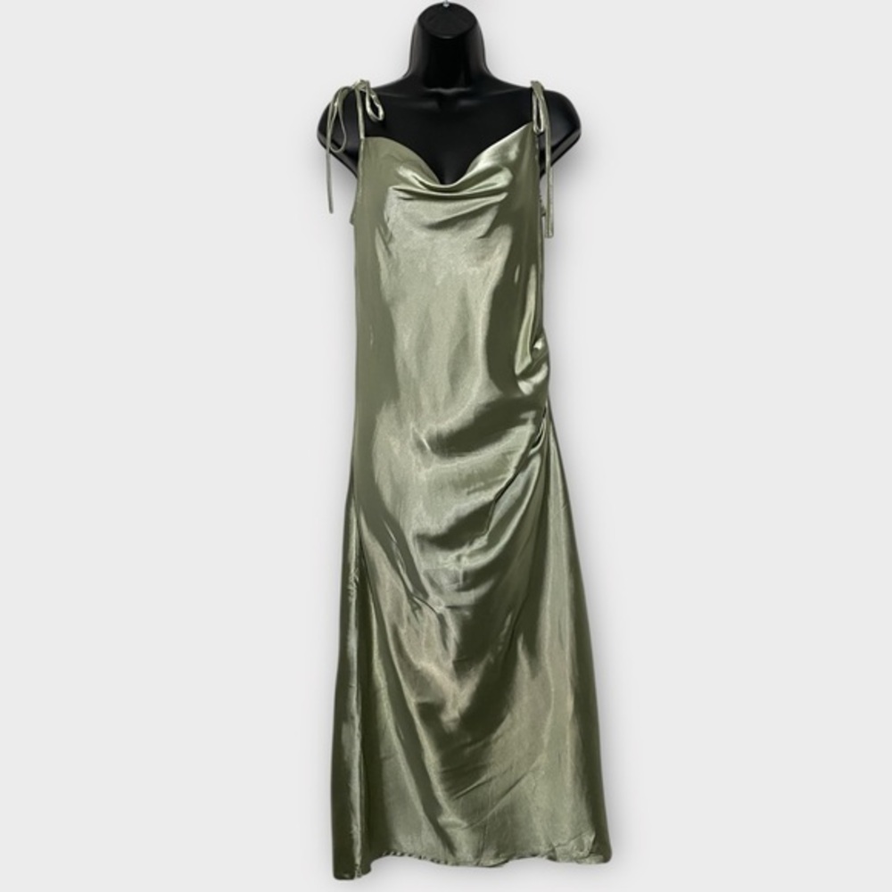 Cinderella Divine Green Satin Self Tie Spaghetti Strap Midi Slip Dress Siz Small